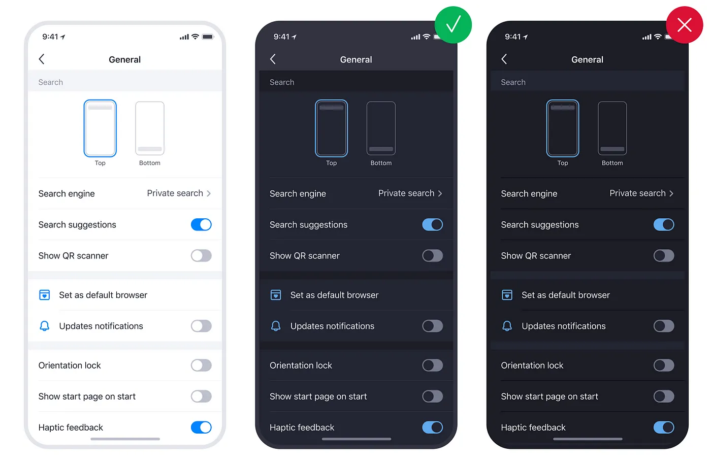 Interface in light mode and dark mode. Correct dark mode and dark mode with mistakes