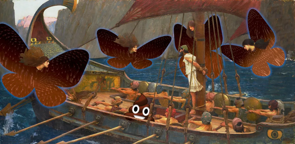 A painting of Ulysses tied to the mast, beset by flying sirens. The sirens’ wings have been replaced with the Bluesky butterfly wing logo. On the deck of Ulysses’ trireme is a giant poop emoji.