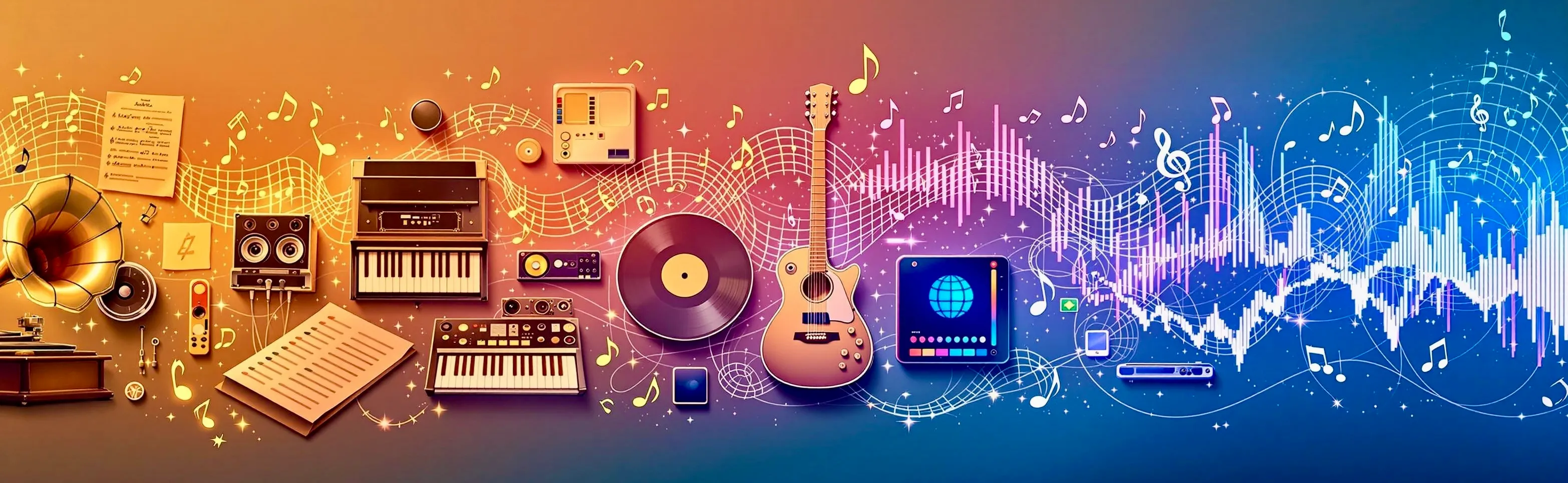 生成音乐的现状与发展引发的思考_ 从复古的模拟音乐技术一路发展到未来的AI生成声景,由一条连续的音乐元素和演变的音调,串联起来,象征着音乐创新的演变过程。