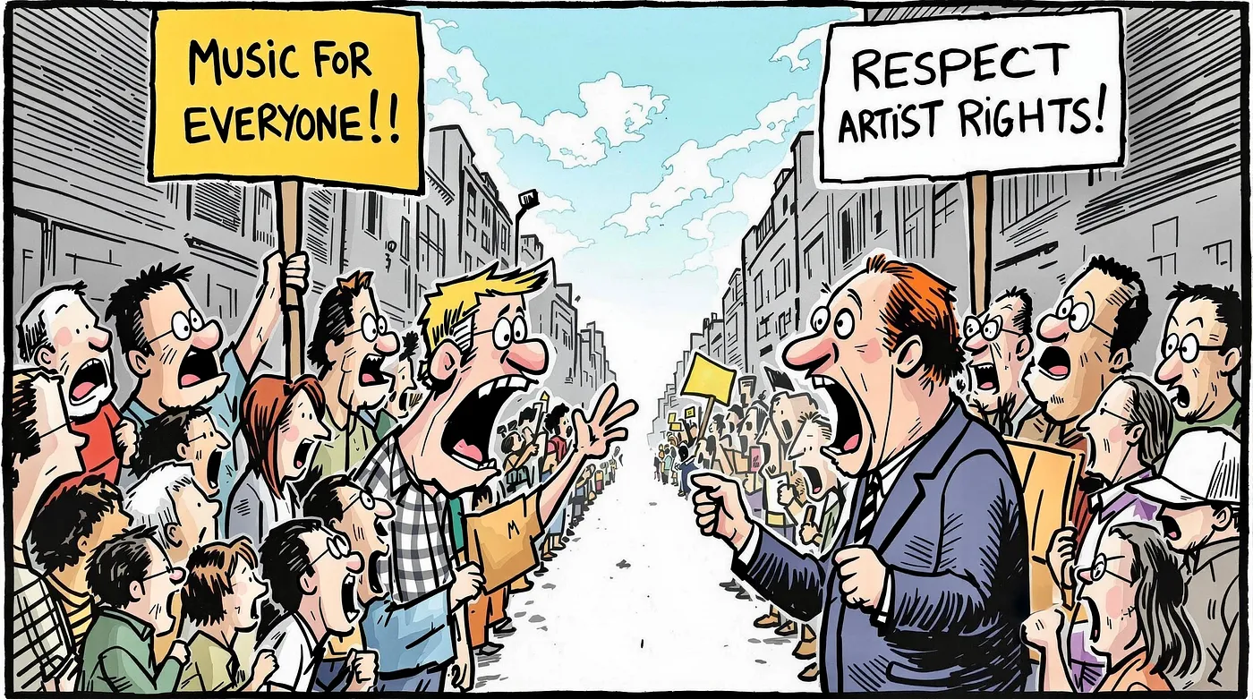生成音乐的现状与发展引发的思考_ Cartoon of 2 groups of people arguing. One group holds a sign reading “Music For Everyone!!” and the other group holds a sign reading “Respect Artist Rights!”
