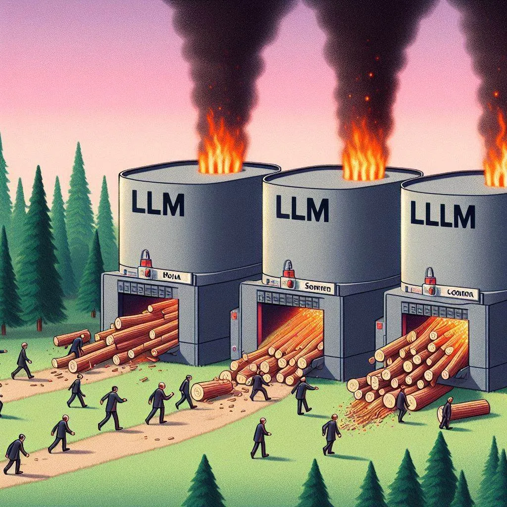 Humans \(as companies\) walking around the forest looking for logs \(data\) and throwing them into the machine \(LLM\) that converts logs into fire. The “LLM” is written on the machine, and the “Data” is written on the logs. The fire out of the machines are going from the top.