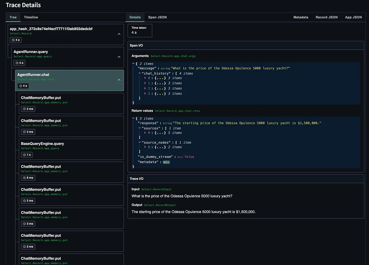 Execution process for a specific record inside the TruLens UI.