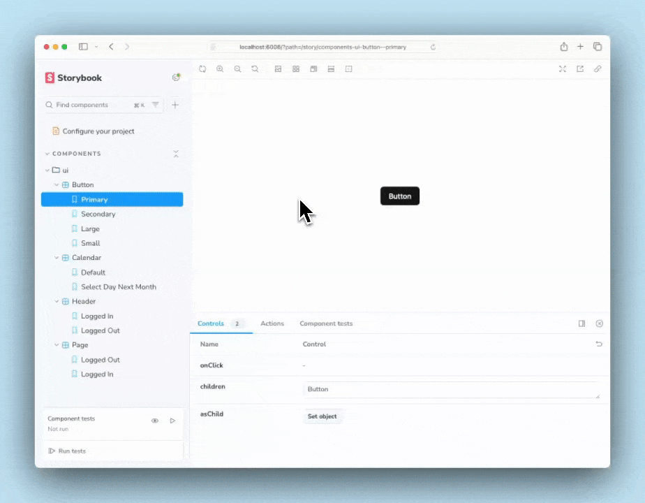 Running component tests for all stories in a Storybook. The cursor clicks the Run button, which changes to a Stop icon until it completes. Test statuses appear next to stories in the sidebar.