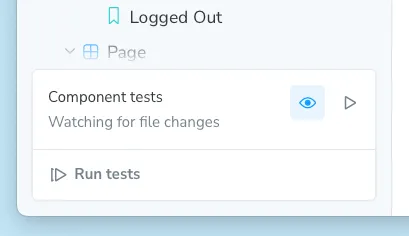 Storybook Test module, with match mode activated. The item for Component tests says “Watching for file changes”