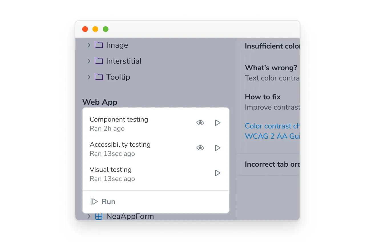 Storybook test module with items for Component testing, Accessibility testing, and Visual testing