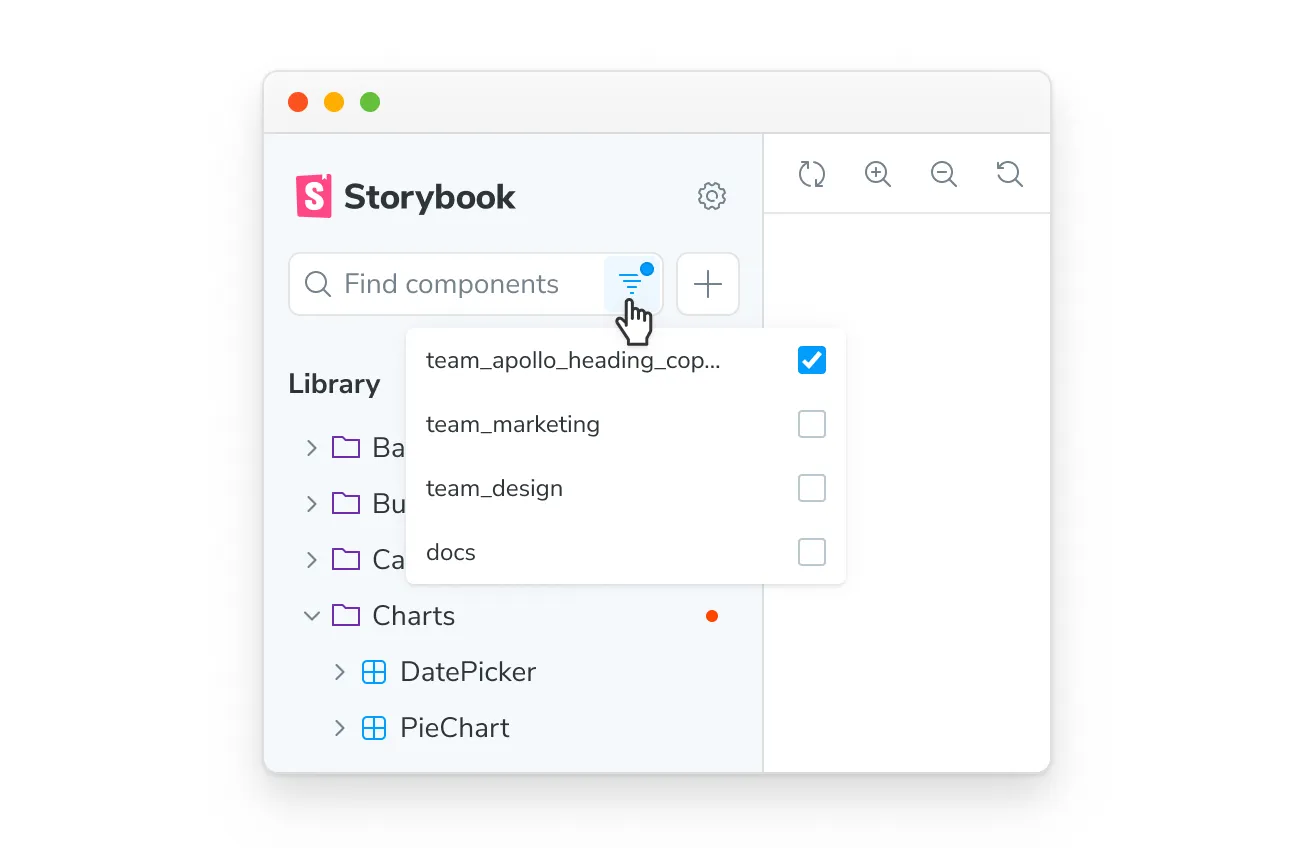 Storybook’s filtering mechanism, showing the sidebar filtered to only show one tag