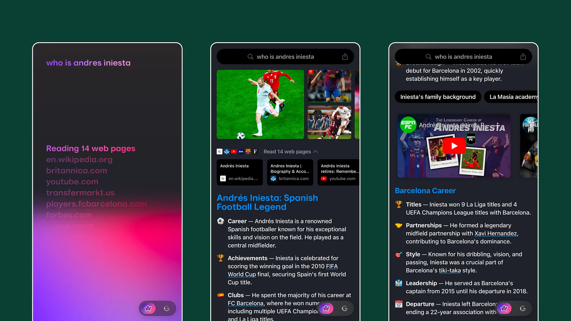Arc’s “browse for me” feature generates a custom page based on your search, pulling insights from multiple sources. Shown here is a search for “who is Andres Iniesta” with summarized details, images, and relevant links.
