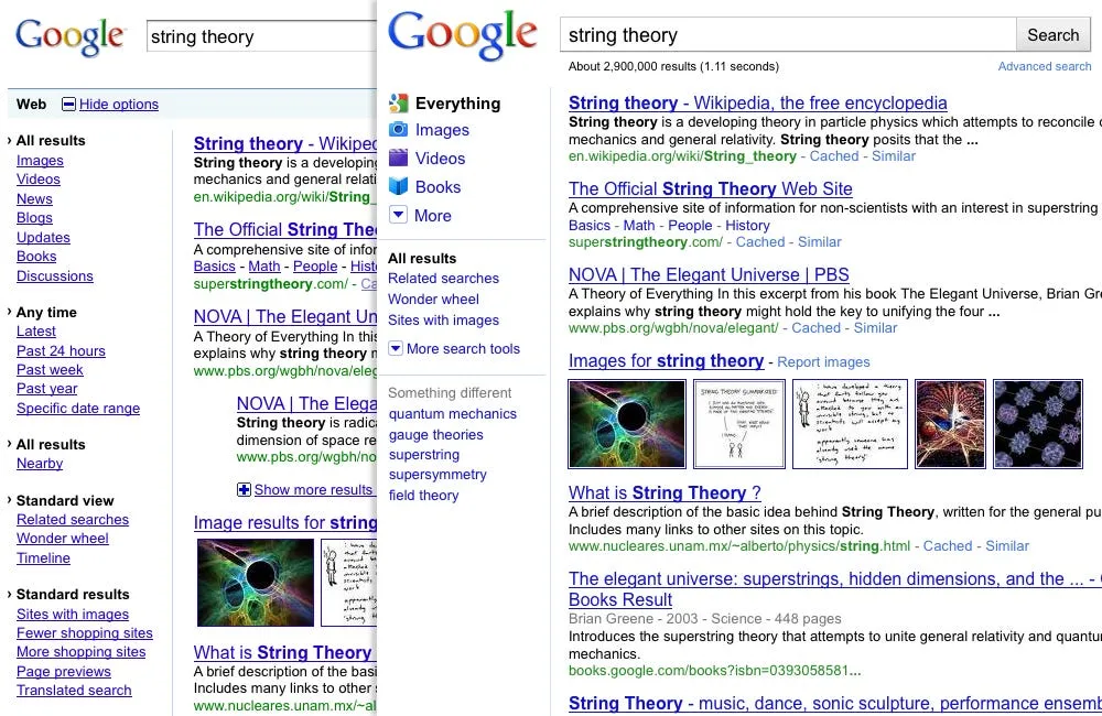 An older Google search results page for “string theory” showing blue links and sidebar options.