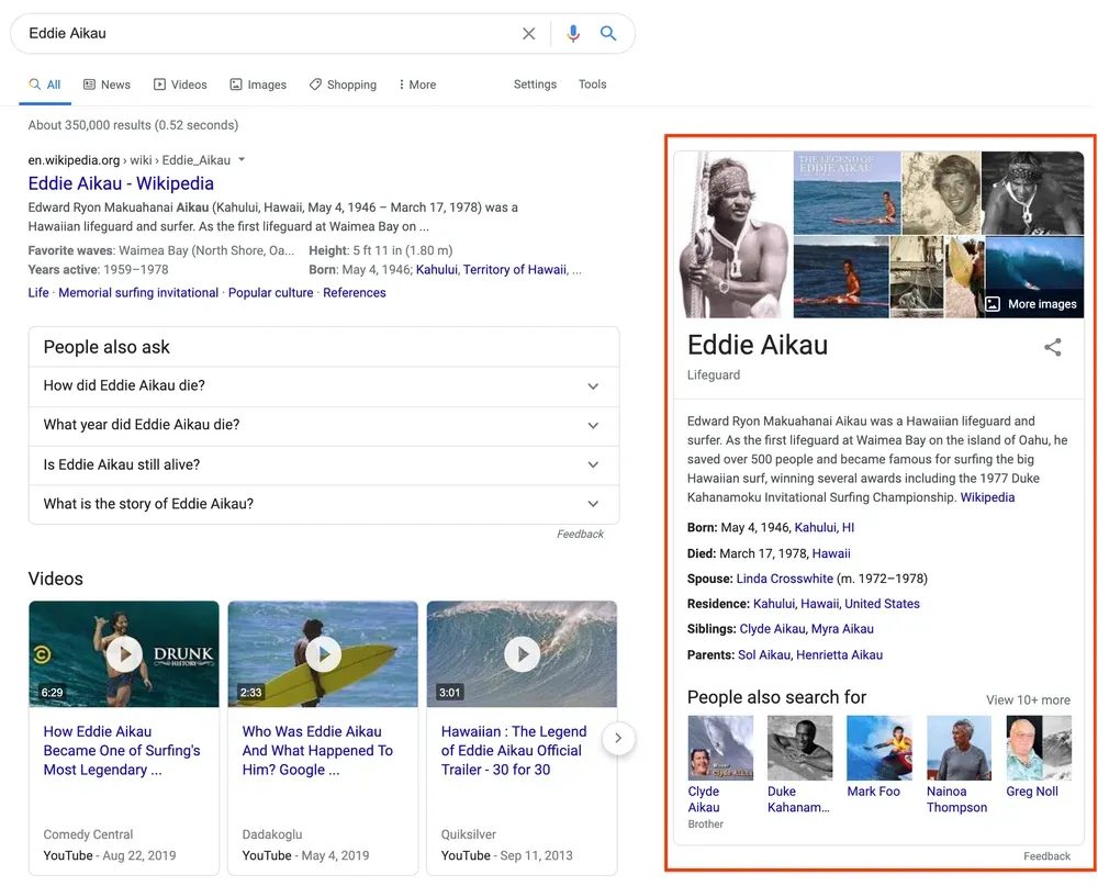 Google search results for “Eddie Aikau,” with a knowledge graph panel on the right showing information and images of Eddie Aikau.