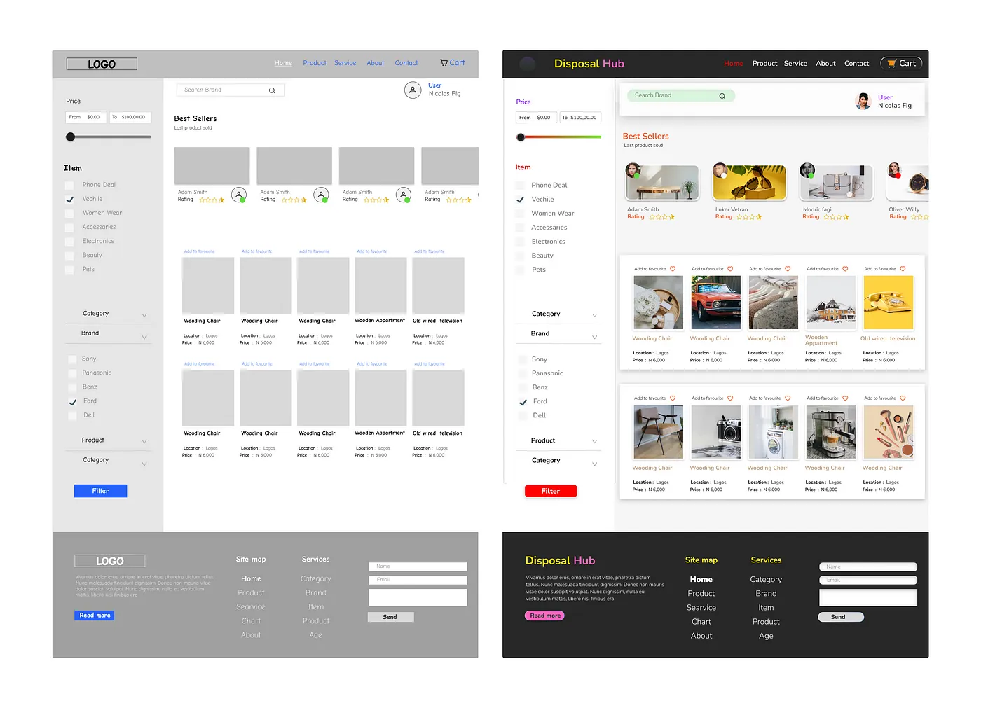 A side by side comparison of a wireframe and a final  design.