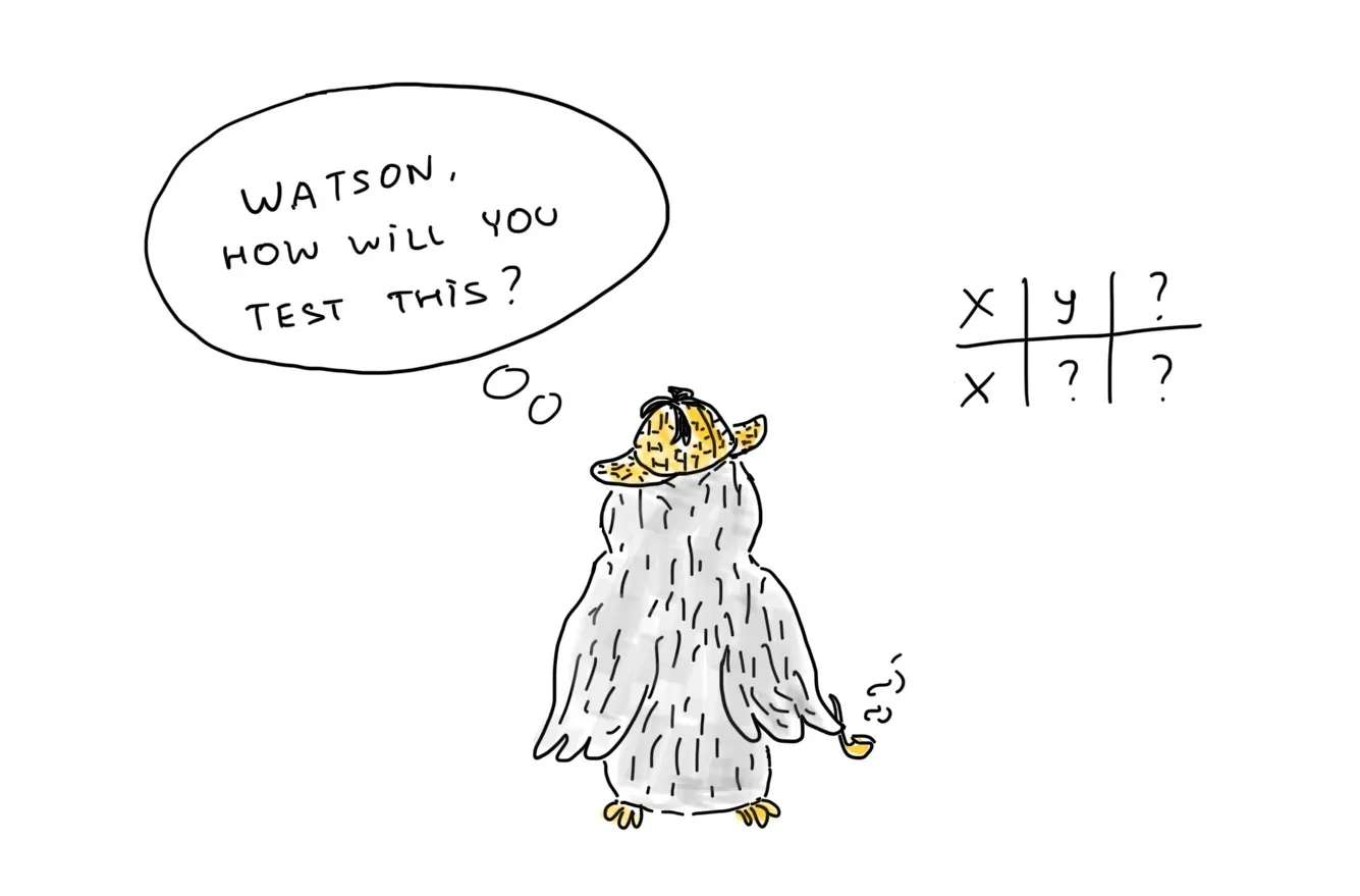 A funny Sherlock-looking owl is looking at the puzzle and asking: “Watson, how will you test this?”