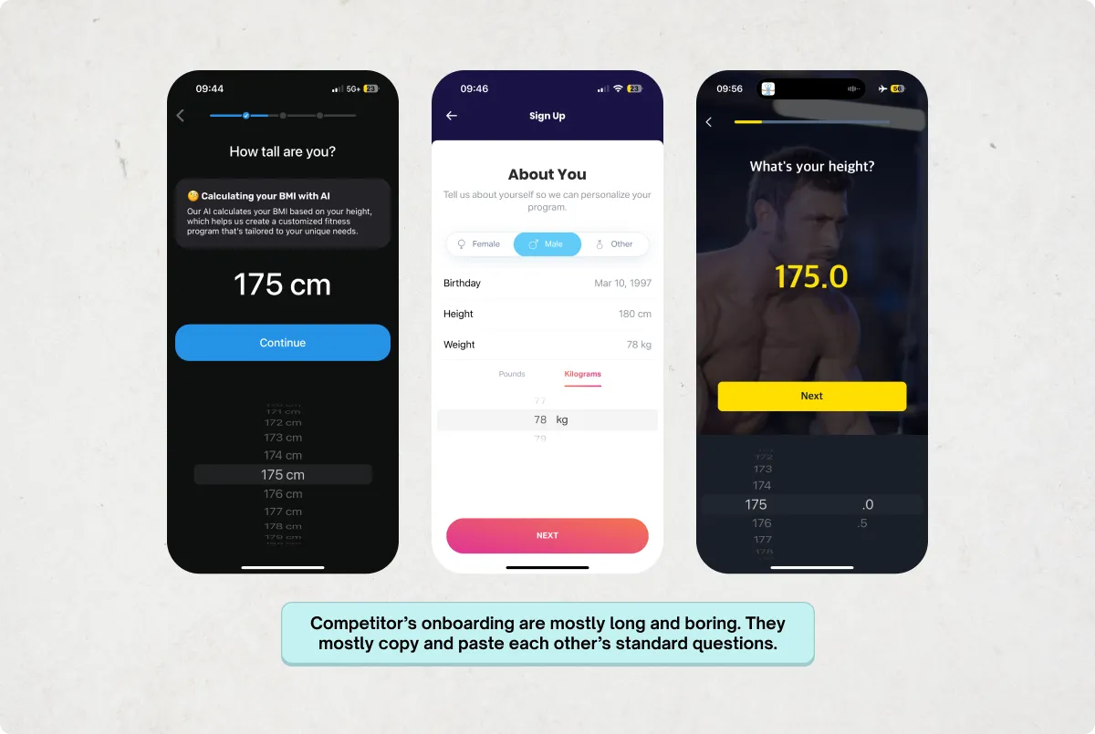 Ladder如何吸引并留住用户:揭秘其吸客秘诀_ Screenshot of comparable apps boring onboarding steps that is the same for most fitness apps but different for ladder.