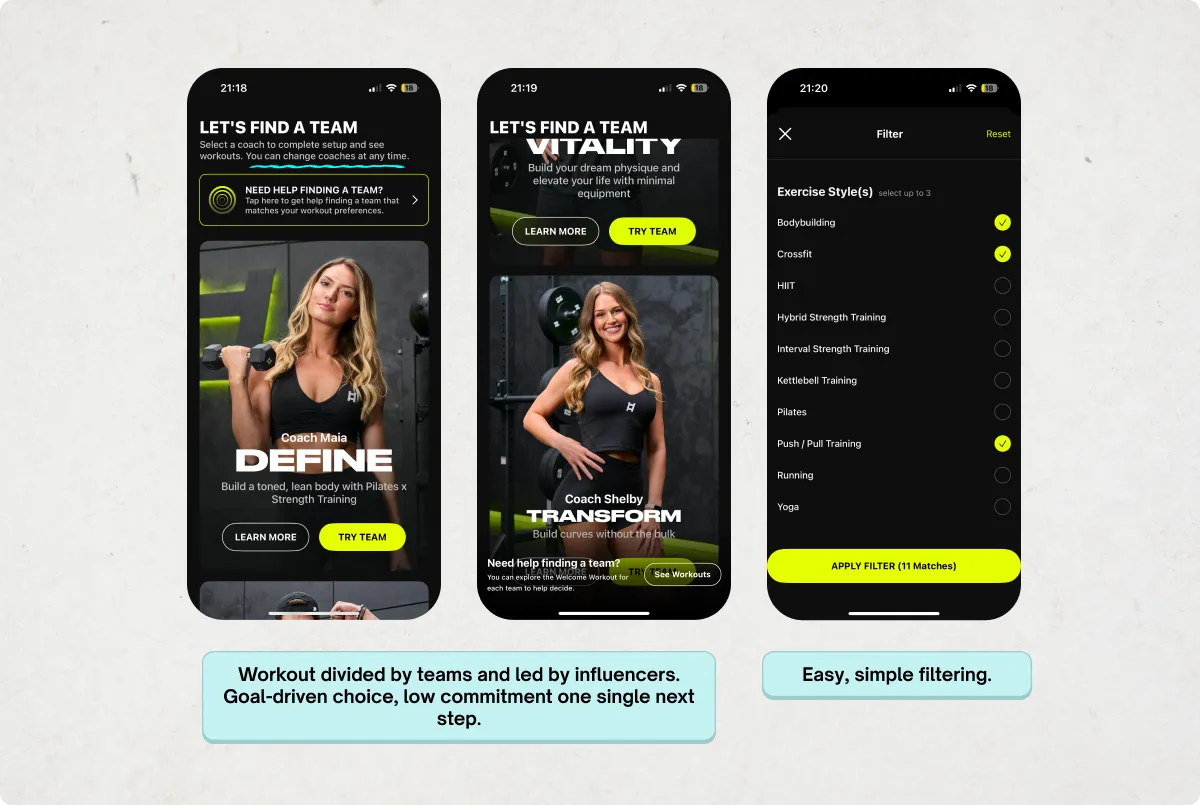 Ladder如何吸引并留住用户:揭秘其吸客秘诀_ Image showing 3 screenshot sequence on how Ladder prompts the user to choose a workout.