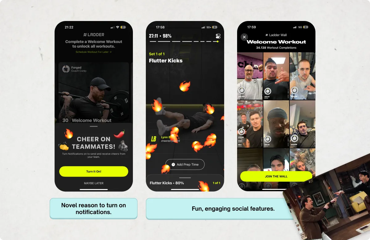 Ladder如何吸引并留住用户:揭秘其吸客秘诀_ 3 screenshots showing Ladder’s social features such as how people can react to your workouts and how your team mates share workout conclusion pictures.