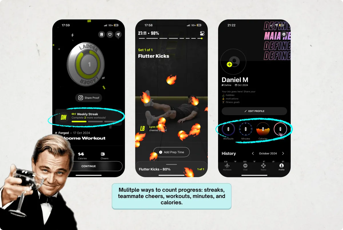 Ladder如何吸引并留住用户:揭秘其吸客秘诀_ 3 screenshots showing all the ways in which Ladder rewards users’ progress to avoid the Streak trap.