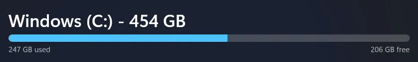 A progress bar meter indicates there is 206GB of free space from a total of 454GB