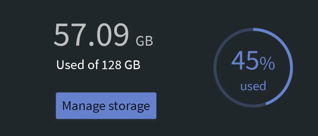 A circular progress bar indicates that 45% of storage has been used.