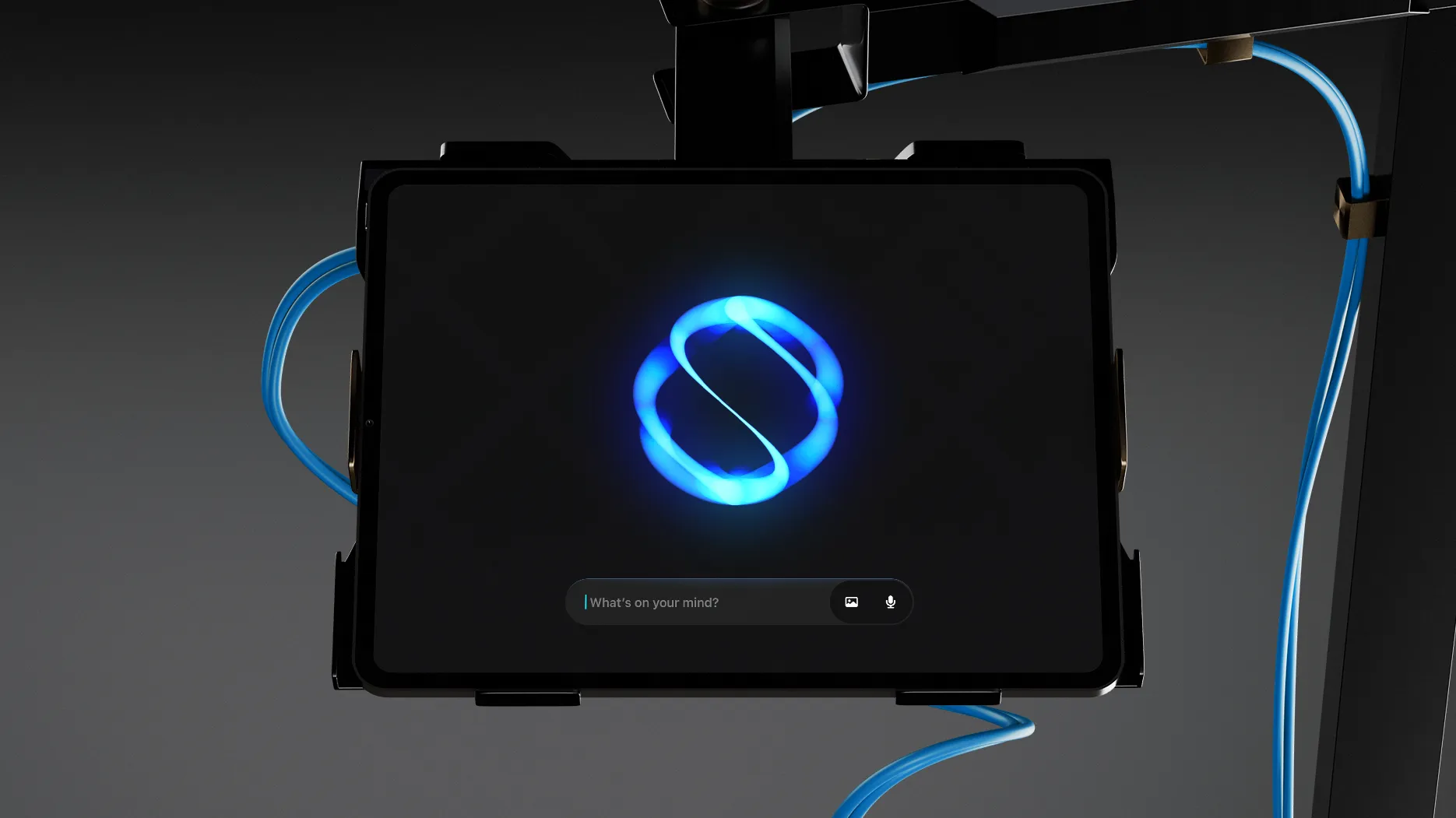 A sleek and futuristic chatbot interface displayed on a mounted screen, featuring a glowing blue AI logo against a minimalist black background.