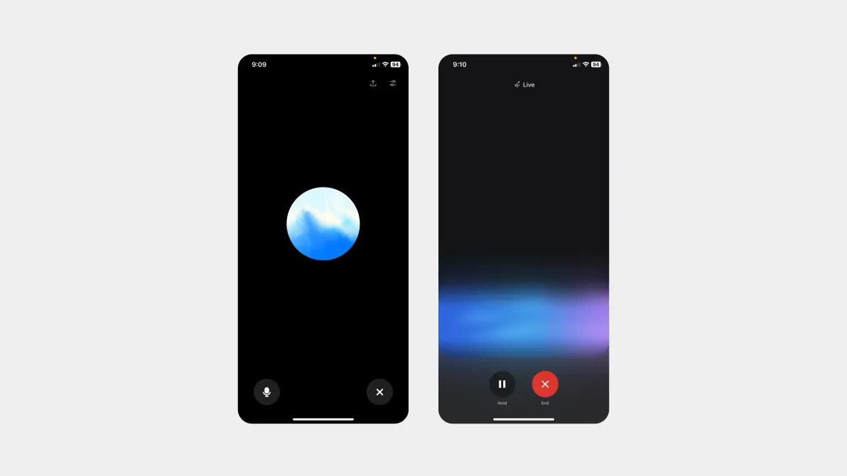 Two smartphone screens showing a chatbot interface, the left with a glowing orb icon on a black background and microphone controls, and the right with a live status bar, gradient background, and call control buttons.