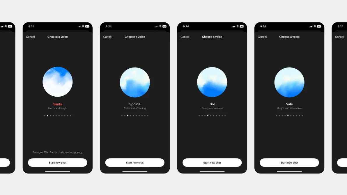 Four smartphone screens showing a ‘Choose a voice’ interface, each with a glowing orb and labeled options: ‘Santa’, ‘Spruce’, ‘Sol’, and ‘Vale’, along with descriptions and a ‘Start new chat’ button.