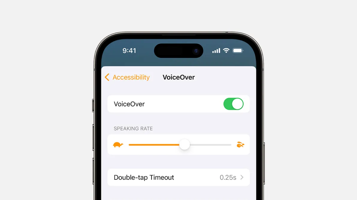 A smartphone screen showing the ‘VoiceOver’ settings under the ‘Accessibility’ menu, with VoiceOver toggled on, a speaking rate slider, and a ‘Double-tap Timeout’ set to 0.25s.