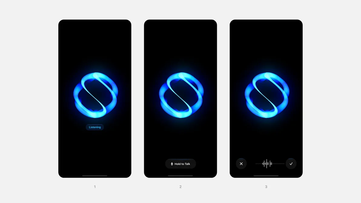 Three smartphone screens displaying a glowing blue loop symbol on a black background, with stages labeled as ‘Listening,’ ‘Hold to Talk,’ and a waveform representation.