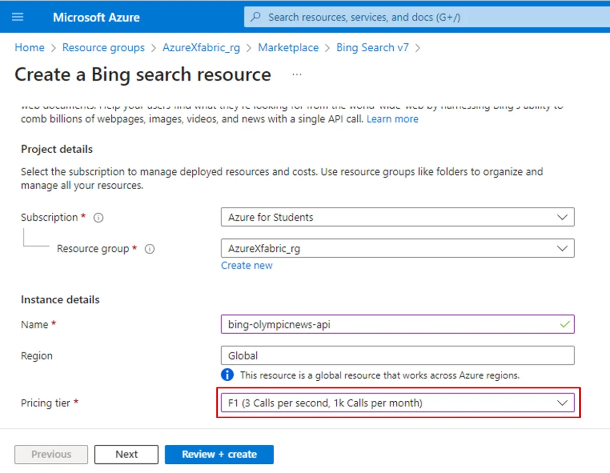 A square-shaped box showing how I provisioned and configure the Bing Search Resource in Azure.