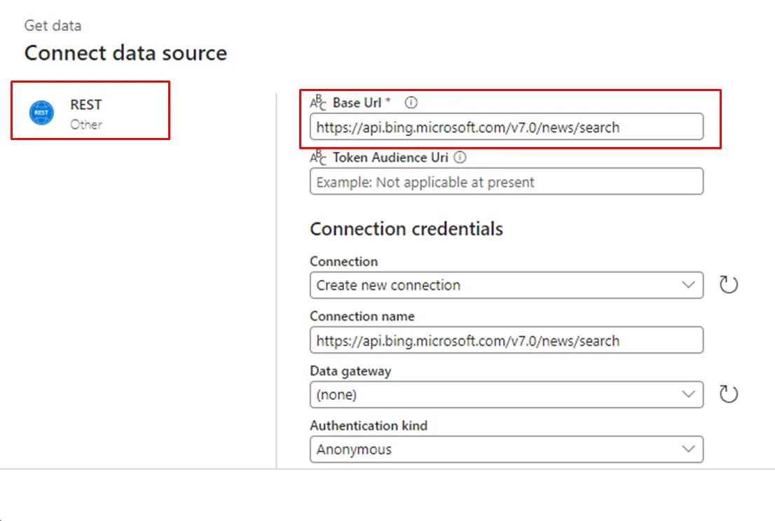 A square-shaped box explaining how to configure the Rest API connection using the Endpoint on Microsoft News Search APIs v7 reference.