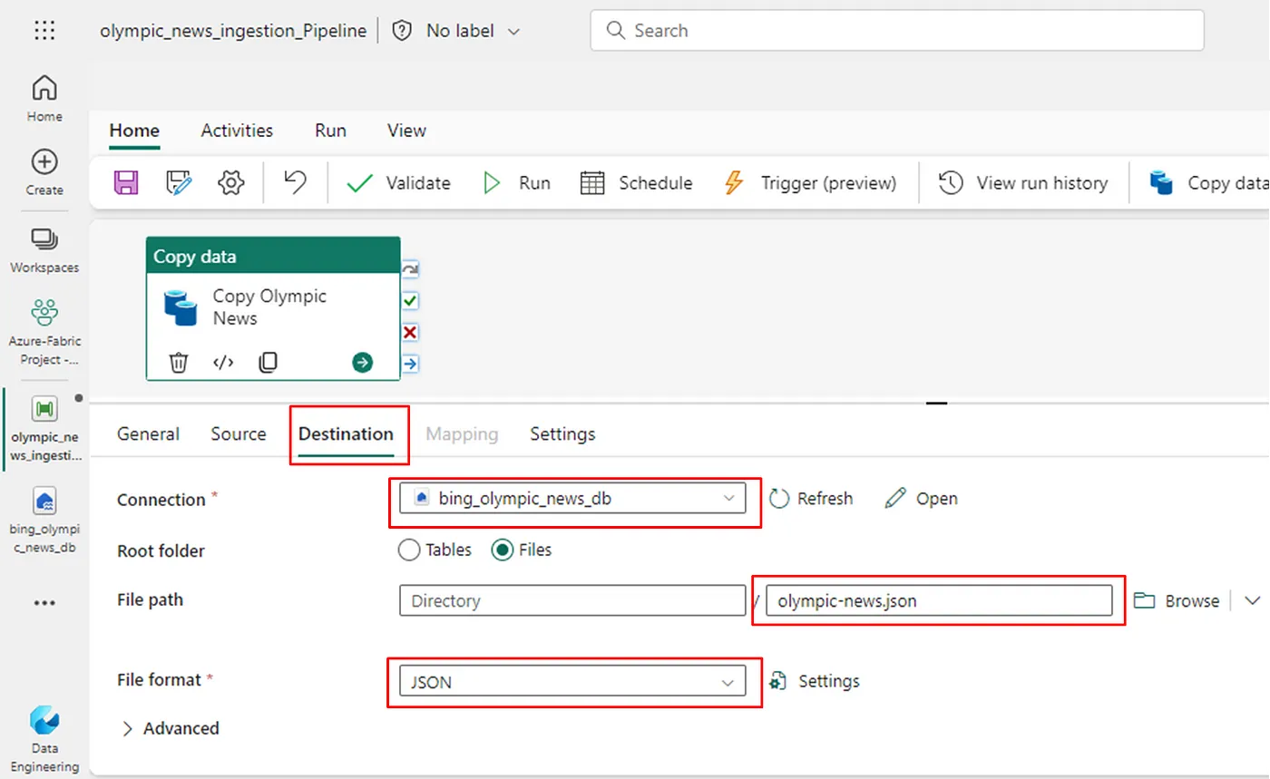 A squared-shaped box showing how to configure the destination to the Lakehouse, the file path and, file format.