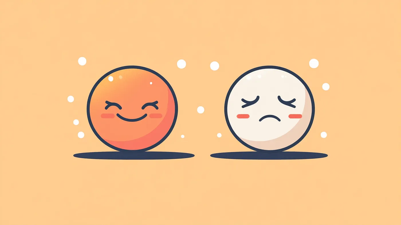 A smiling face emoji and a frowning face emoji of different colors against an orange background.