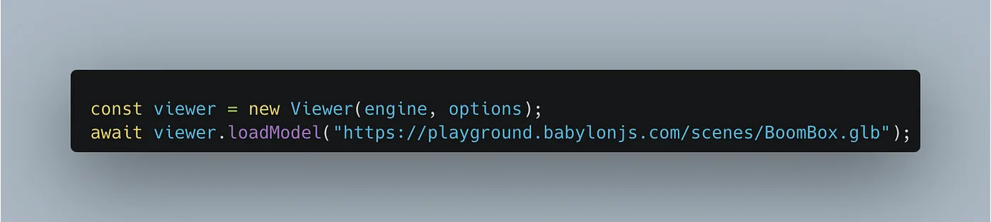 Screenshot of a code snippet showing how to use the viewer at the pure JavaScript layer. const viewer = new Viewer\(engine, options\); await viewer.loadModel\(“https://playground.babylonjs.com/scenes/BoomBox.glb