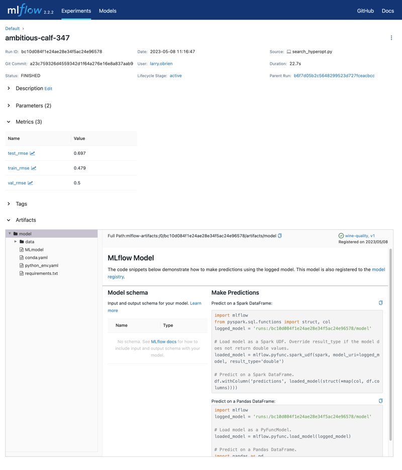 MLflow Tracking 运行详情页展示了 MLflow 模型的资产，如下图所示。