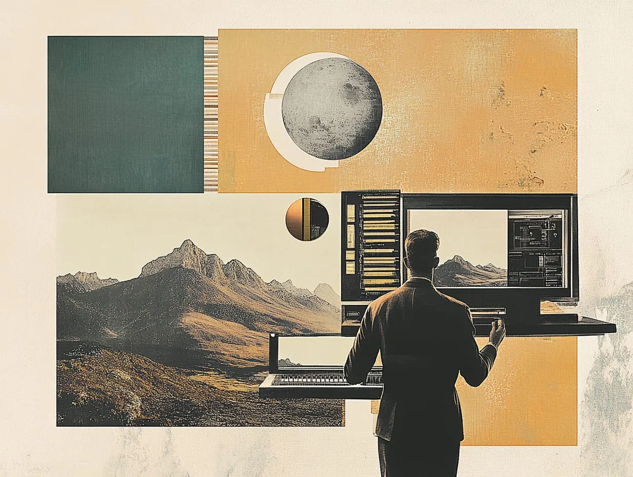 A retrofuturistic image of a man in a suit using a computer. Collage style artwork.