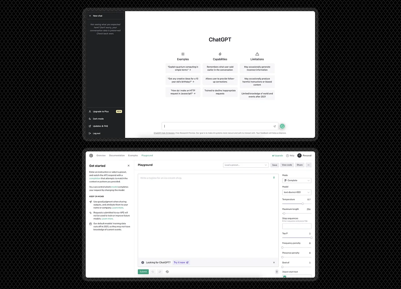 Early ChatGPT interface on the top. Open AI developer console interface on the bottom.