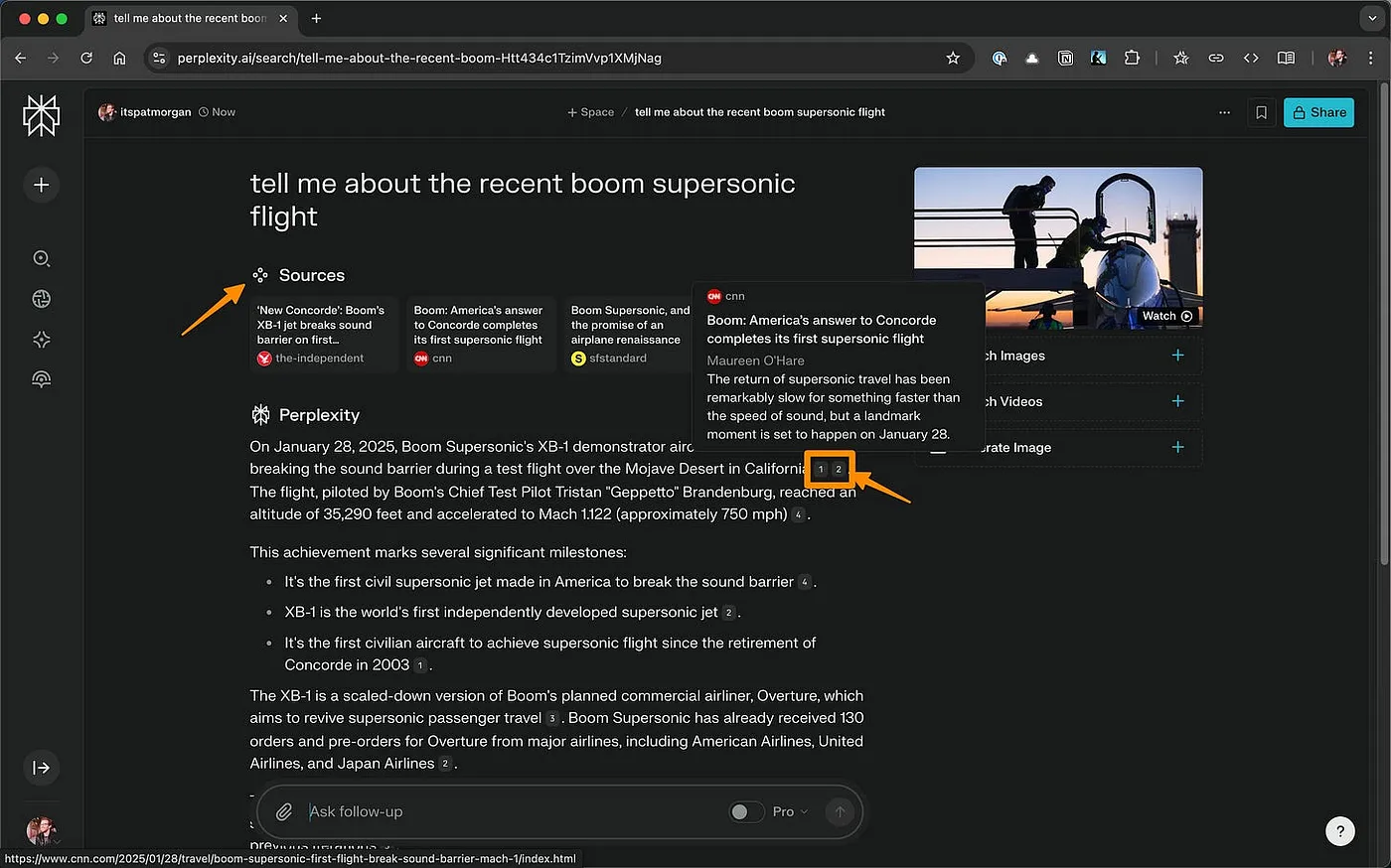 Perplexity’s interface highlighted to demonstrate its representation of sources.