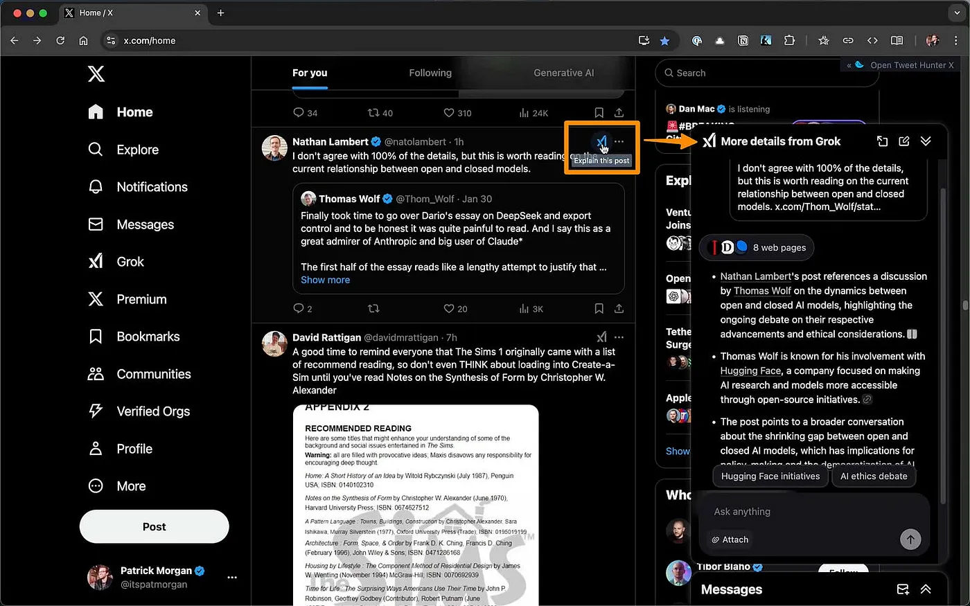 The X interface with the Grok button highlighted showing additional context