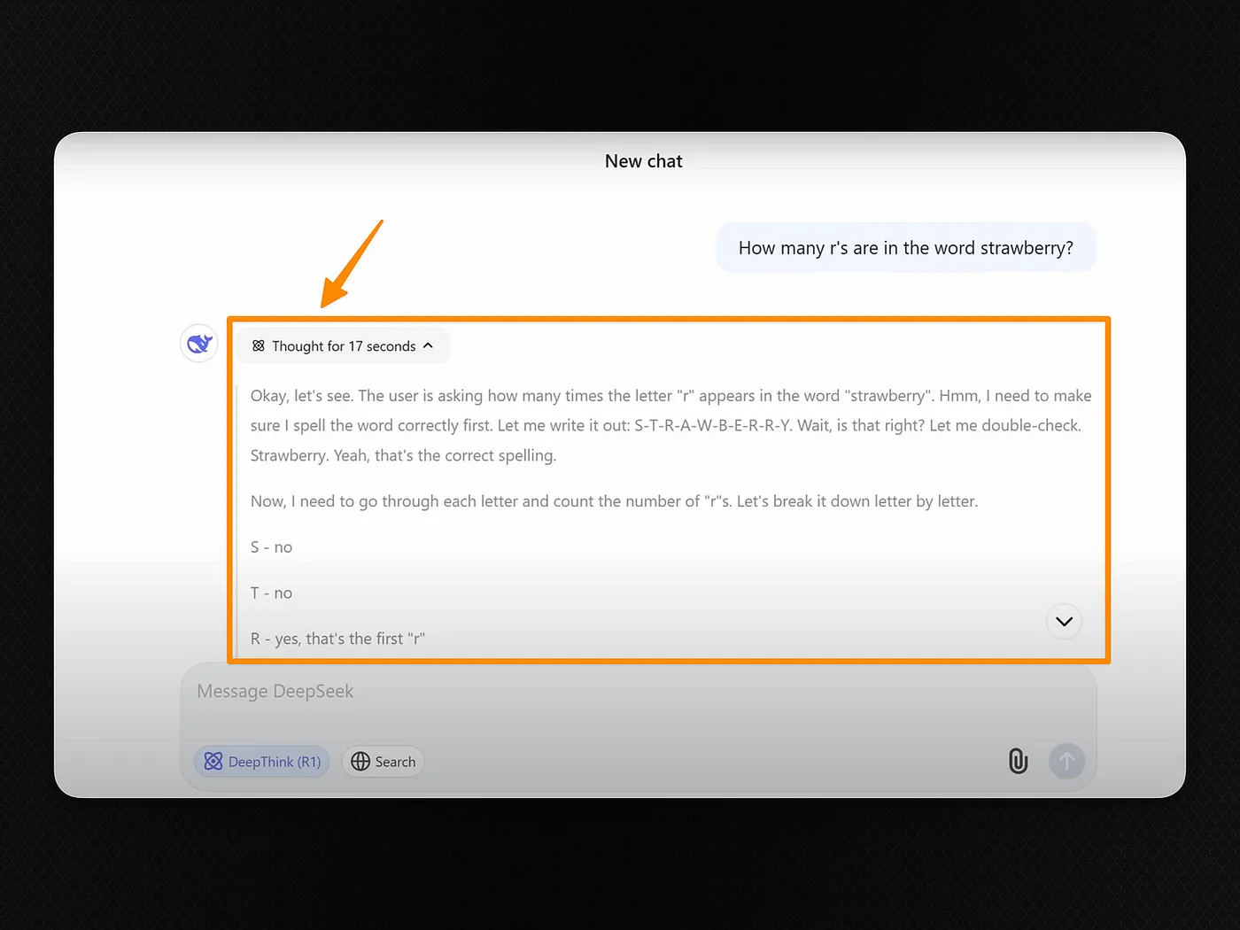 An example of the Deepseek UI showing its ‘thinking’ process