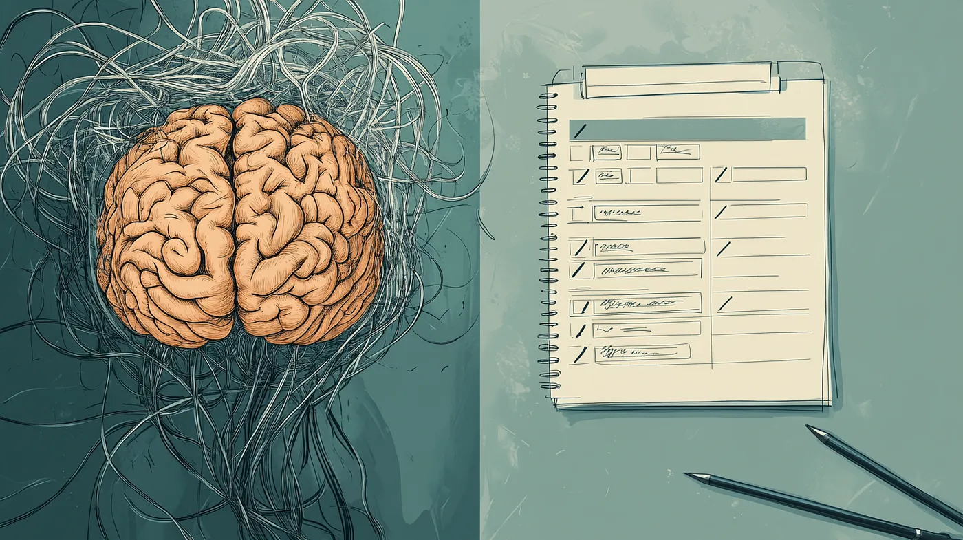 A brain with tangled lines and a notebook.