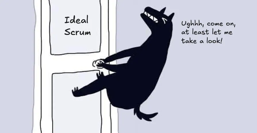 “A cartoon-style illustration of a wolf-like creature clinging to the outside of a window labeled ‘Ideal Scrum.’ The creature looks frustrated and says, ‘Ughhh, come on, at least let me take a look!’ This image humorously represents the struggle of accessing or understanding an ideal Scrum process.”