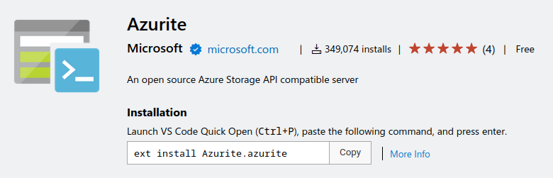 Azurite的VS Code市场页面，展示了如何通过快速打开对话框来安装Azurite