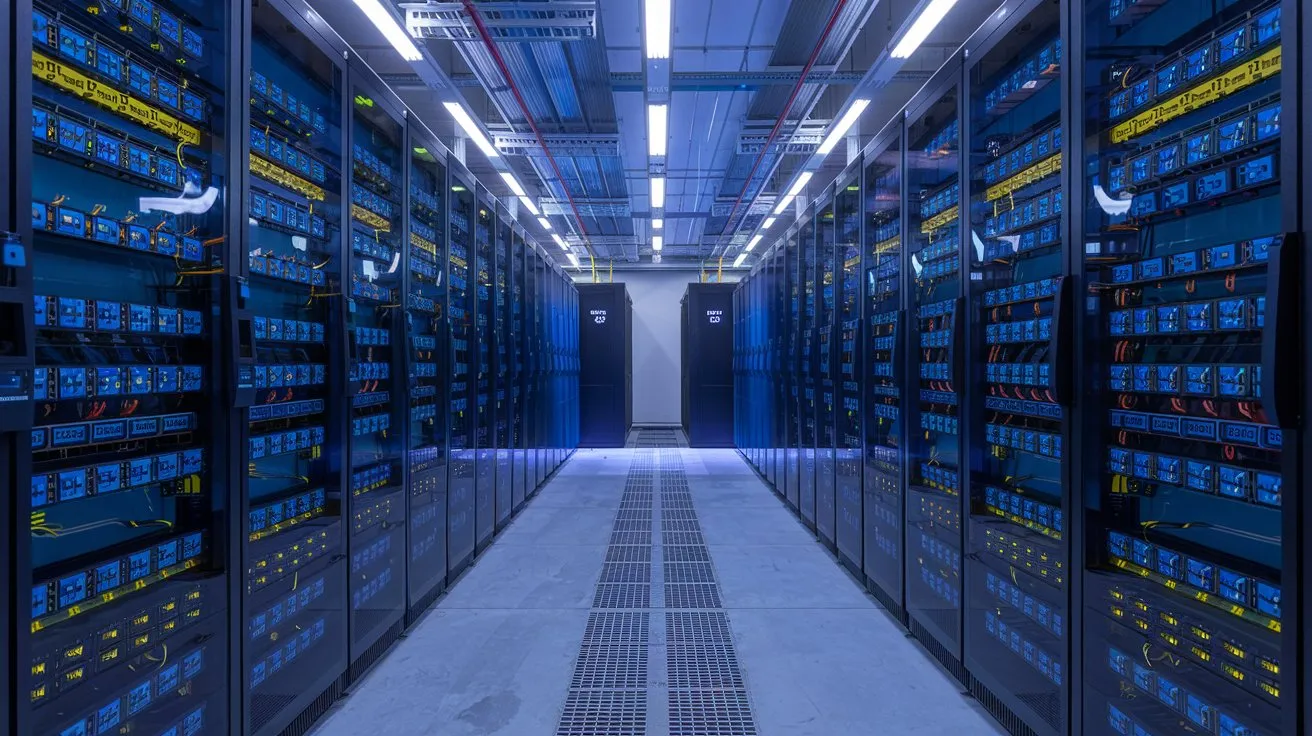 A photo of a modern HPC data center infrastructure filled with server racks. The racks are equipped with a variety of GPUs.There are multiple power distribution units \(PDUs\) and cooling systems in the background.