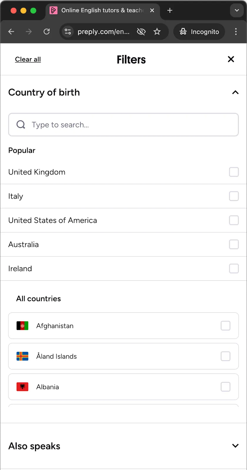 The Country of Birth’s UI on Preply’s Search page.