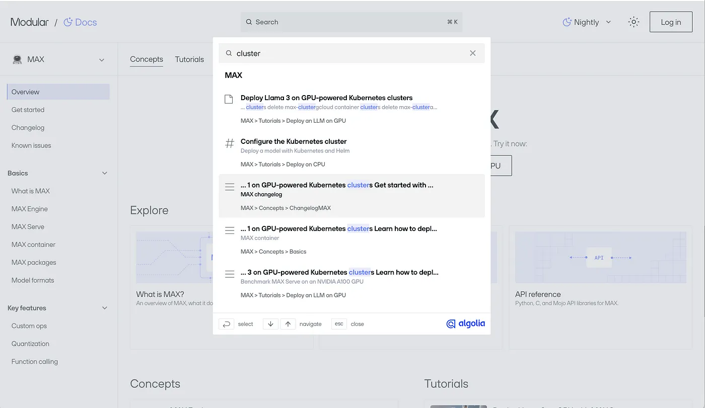 Algolia UI screengrab
