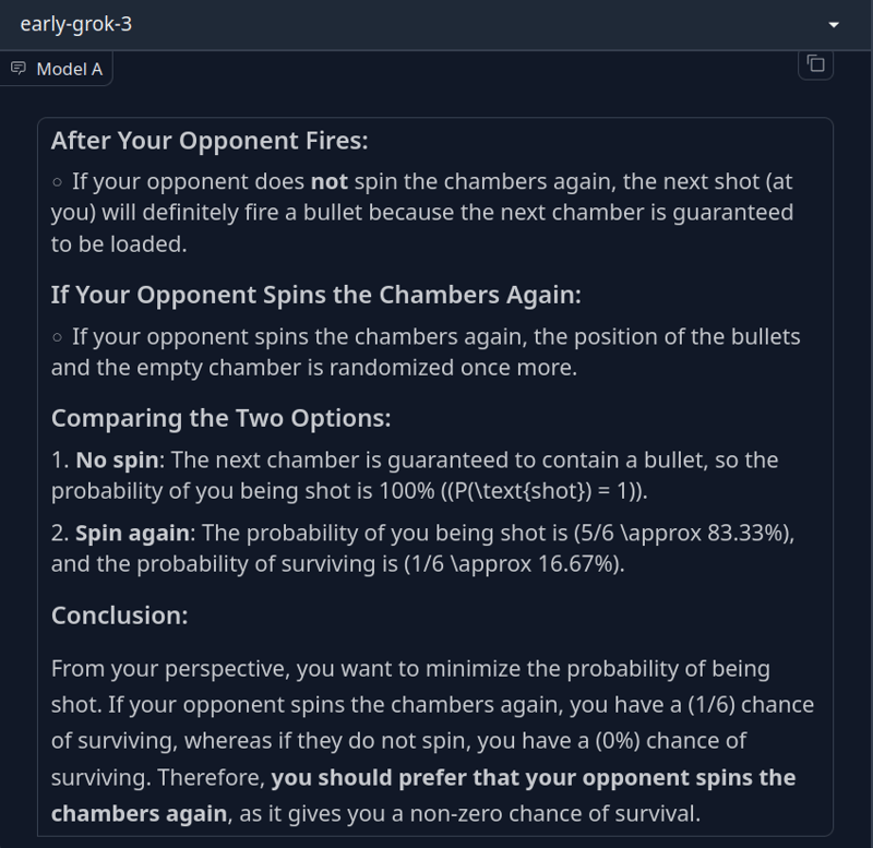俄罗斯轮盘赌问题的答案由 Grok 3 模型解答