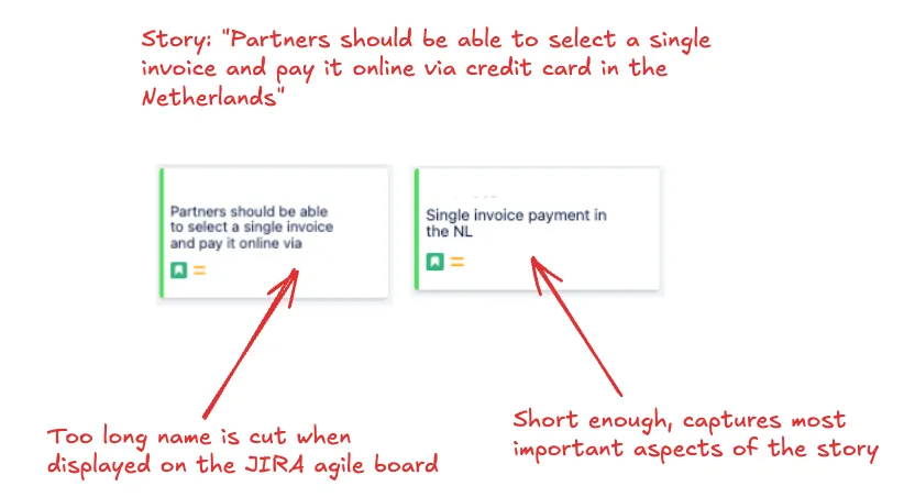 “A comparison of two JIRA ticket cards, demonstrating the impact of long versus concise ticket titles. The first ticket has a long title that gets cut off when displayed on the JIRA board, while the second ticket has a shorter title that still conveys the essential information. Red handwritten annotations highlight the differences, emphasizing that ticket names should be short enough to fit without being truncated.”