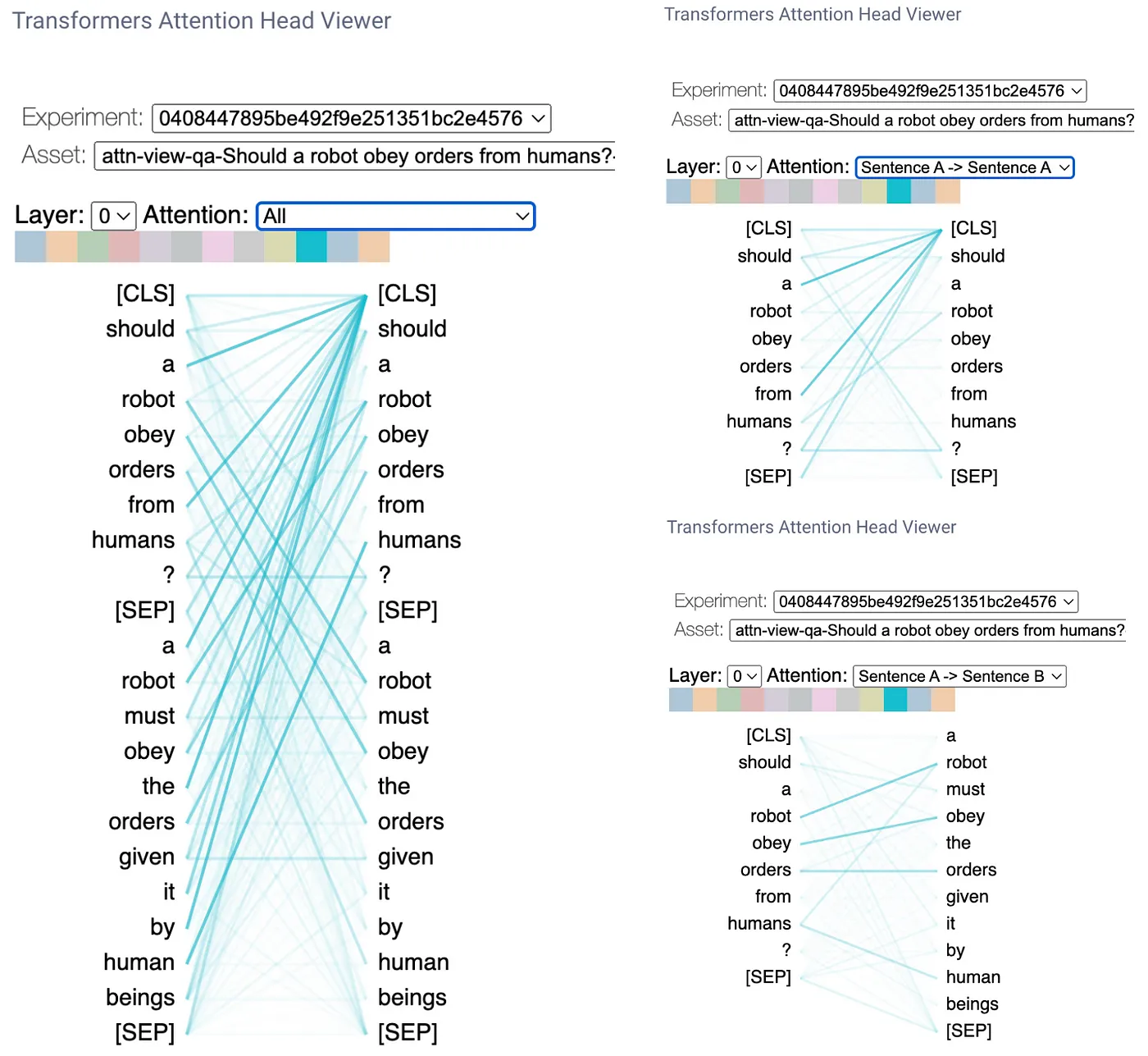 A BertViz visualization of attention with different sentence structure comparisons