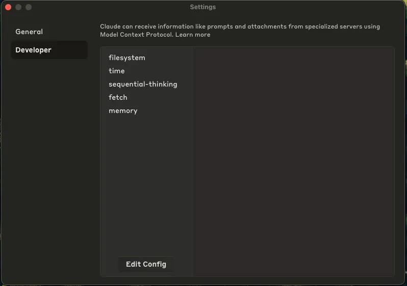 View of Claude desktop settings menu on the “Developer” tab