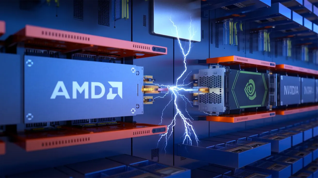 A photorealistic image of a data center rack with multiple GPUs. There’s an AMD GPU and a NVIDIA GPU connected via a PCIe interface. The connection has a lightning bolt in the middle, symbolizing the breakthrough and the challenges. The background contains a CPU and RAM.