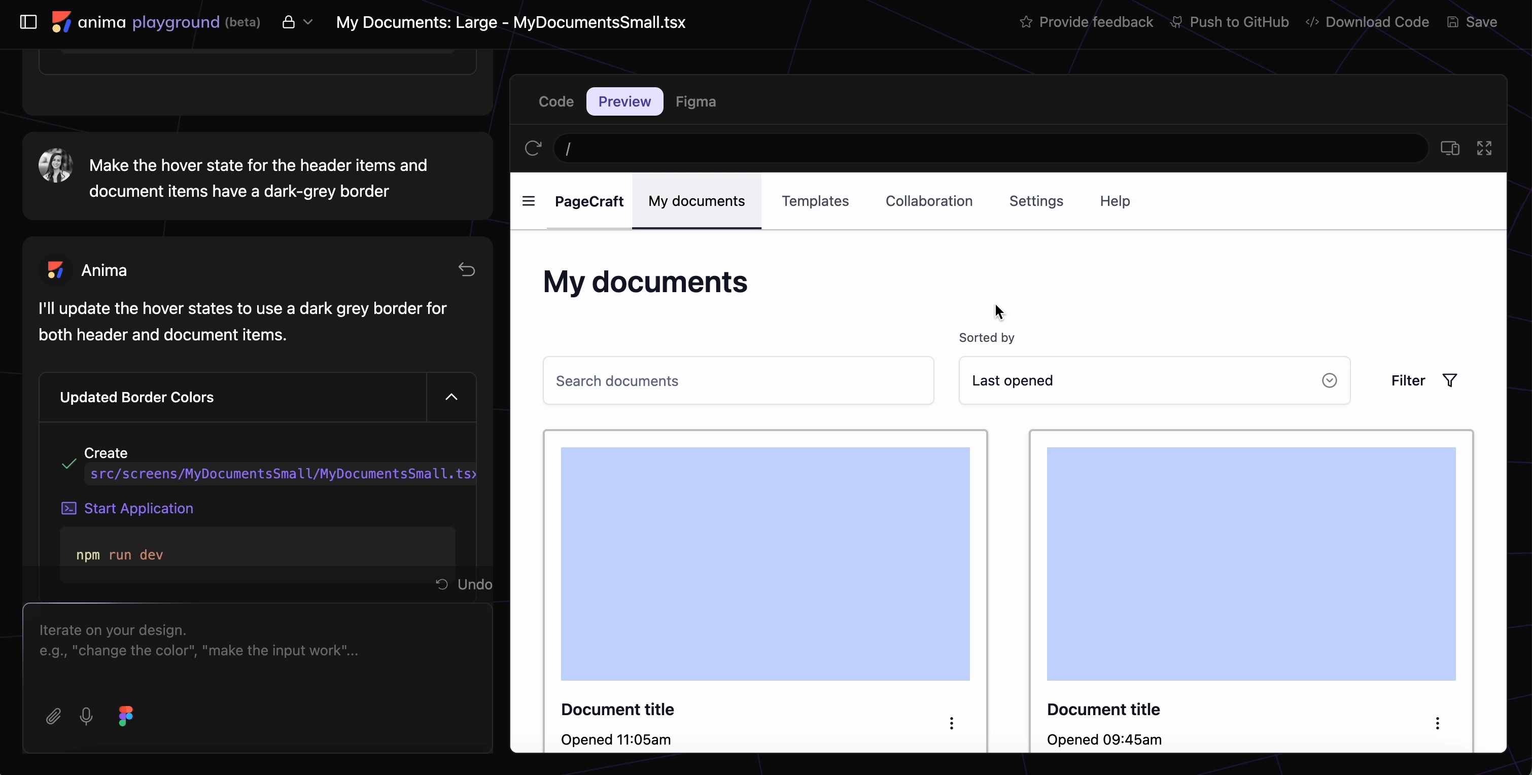 Figma设计一键迭代:AnimaPlayground的AI智能助手帮你轻松调整设计和代码_ The design preview now has hover states with a dark-grey border for the header menu items and document items