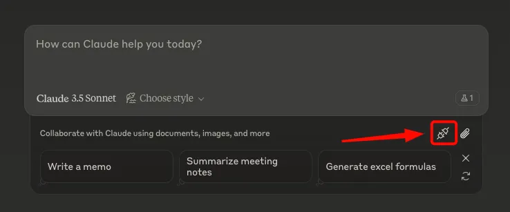 View of Claude Desktop chat window with an arrow pointing at the MCP connection button